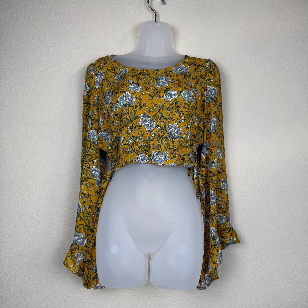 Hommage Los Angeles Women's Boho Floral Yellow Bell Sleeve Ruched Side Top Sz L
